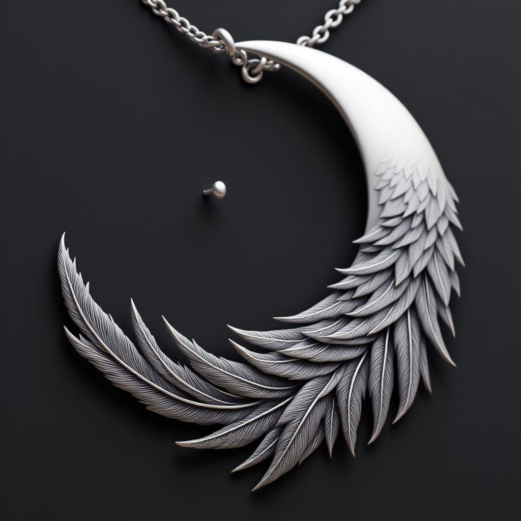 Crescent Moon Pendant with Shadowy Feathers in Dark Silver