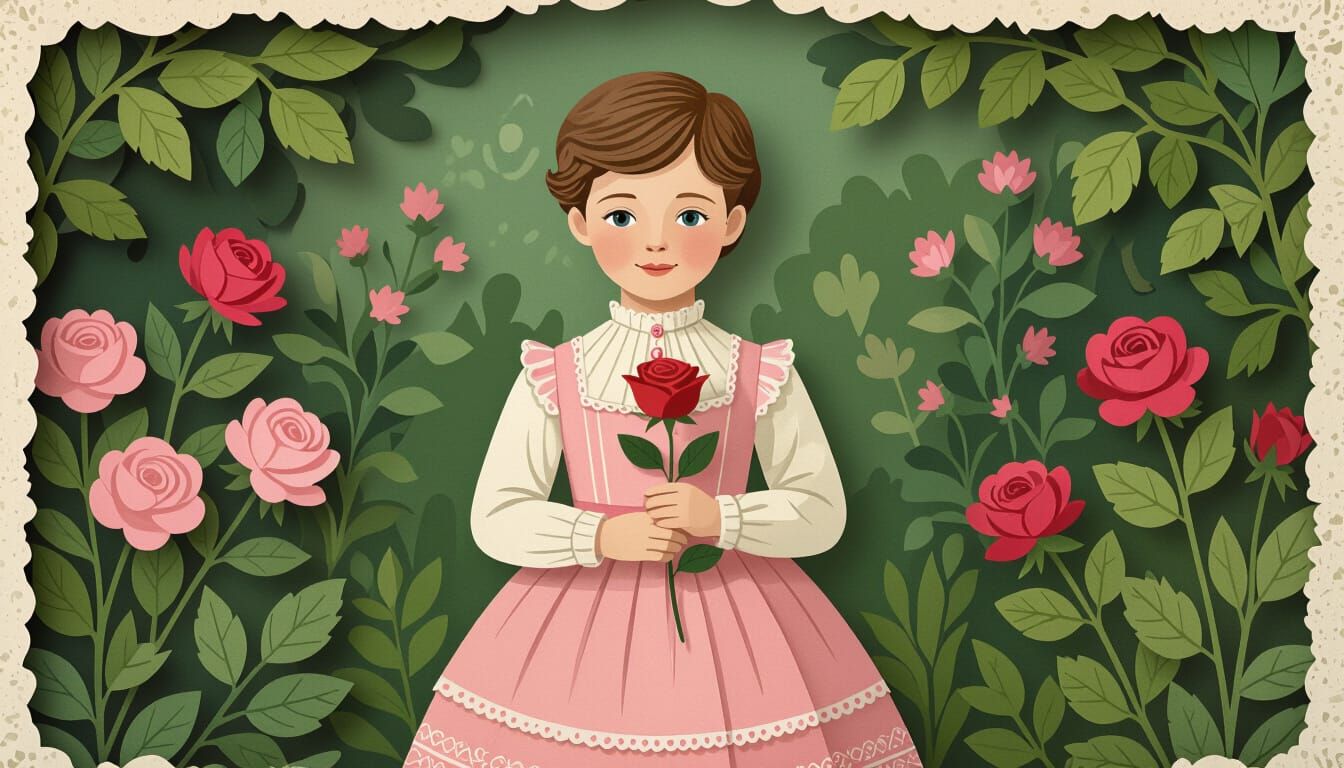 Victorian Boy in Garden with Rose, Paper Cut-Out Style