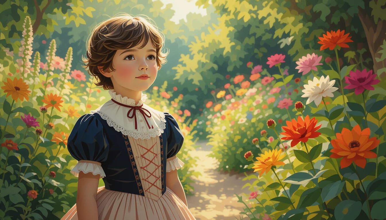 Victorian Boy in Garden as Paper Cut-Out Art