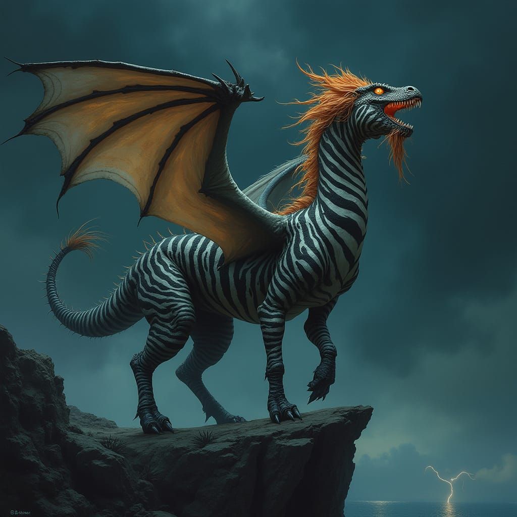 Dragon-Zebra Hybrid Roaring on Cliff in Digital Art Style