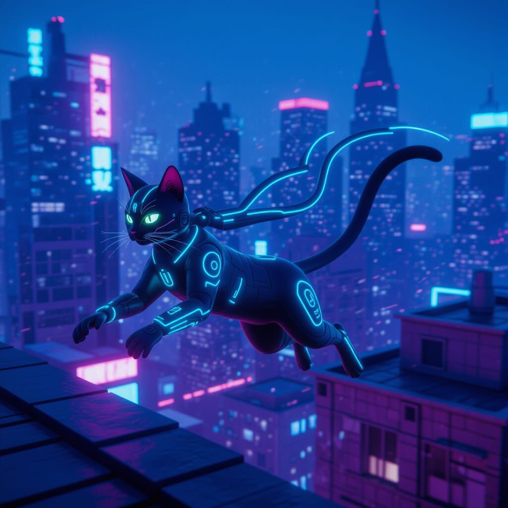 Cybernetic Cat Leaps Through Neon Cityscape