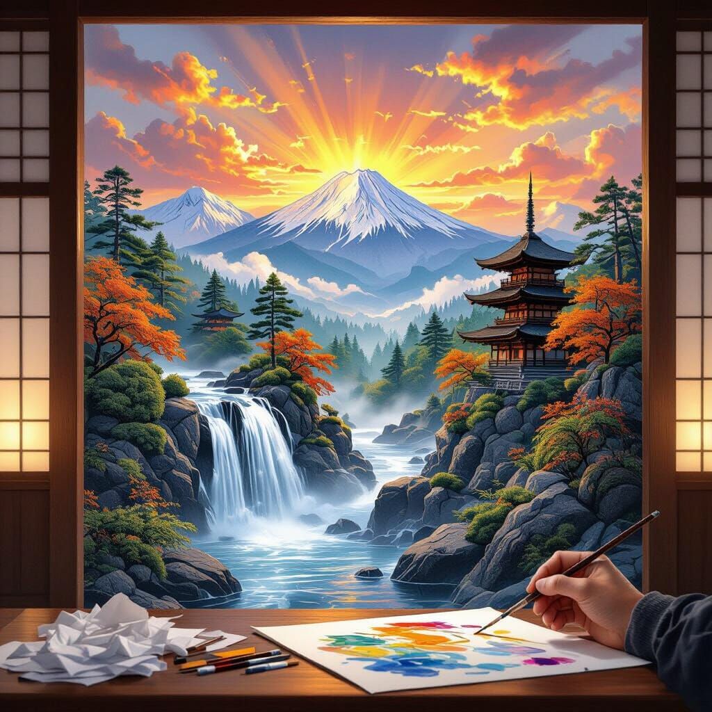 Japanese Landscape Painting Indoors with Artist at Work