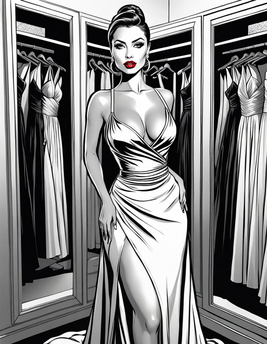 Elegant Brunette in Evening Gown, Line Art