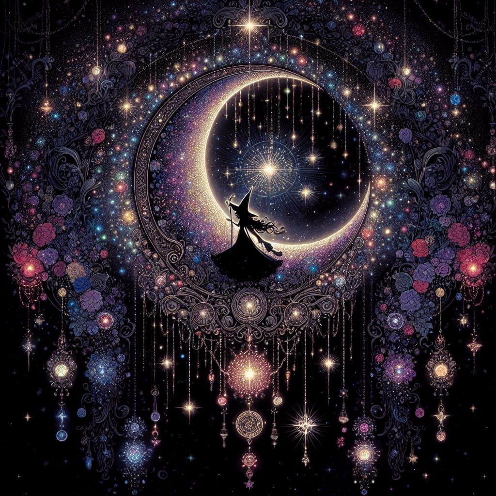 Magical Crescent Moon with Witch Silhouette in Fantasy Scene