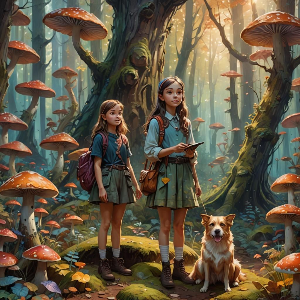 Girl and Dog in Whimsical Forest: Fantasy Art