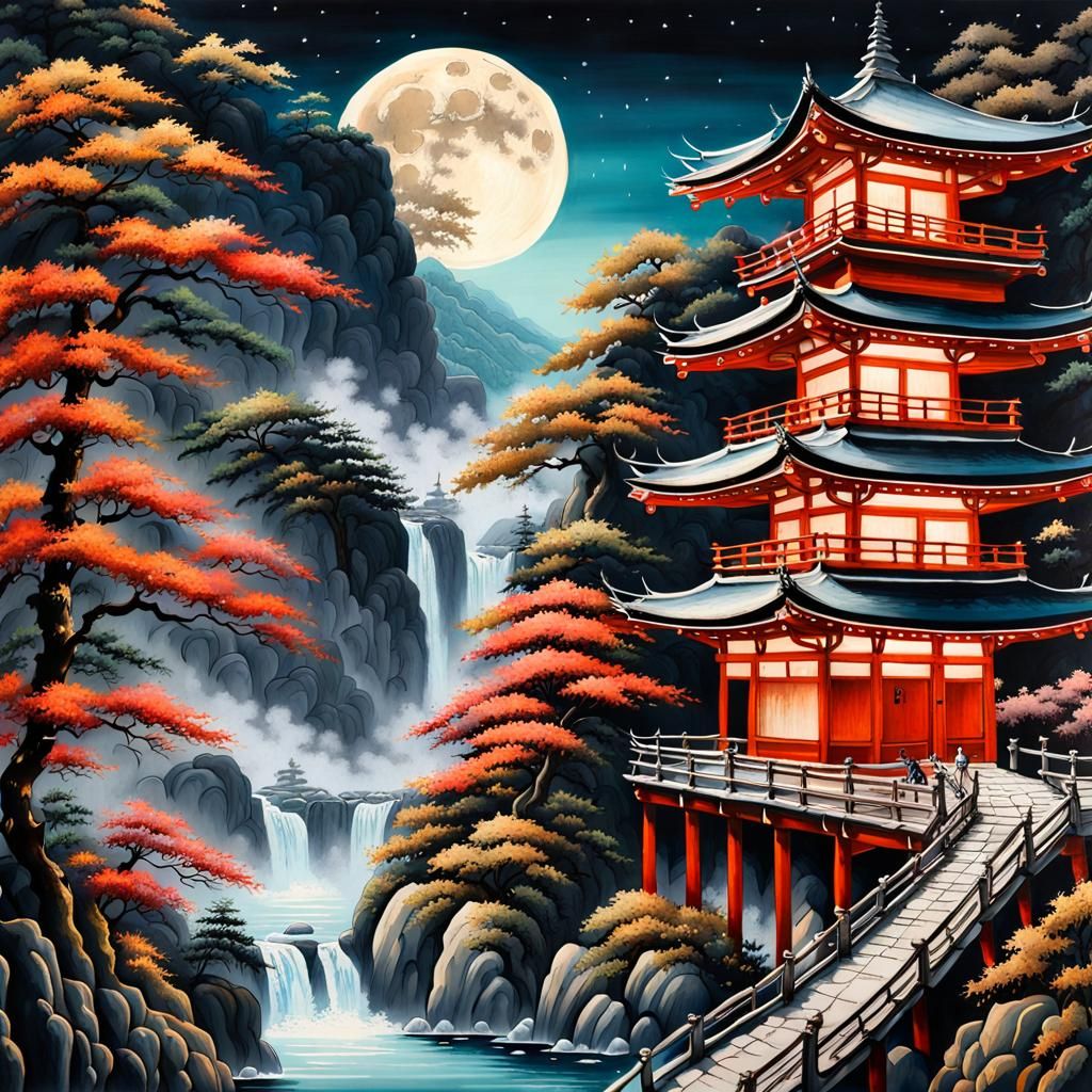 Ornate Japanese Tea House Overlooking Waterfall