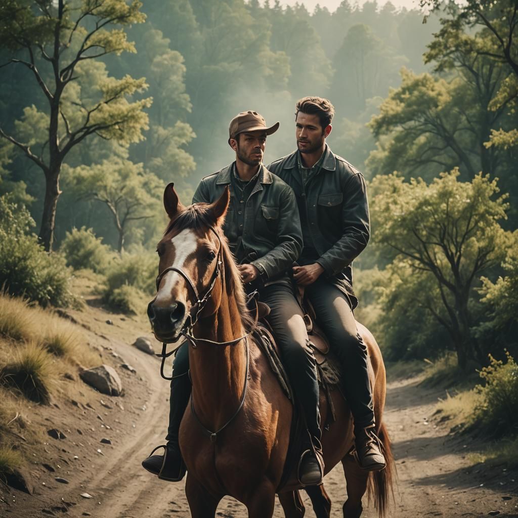 Cinematic Image of Gay Lovers Riding Horse