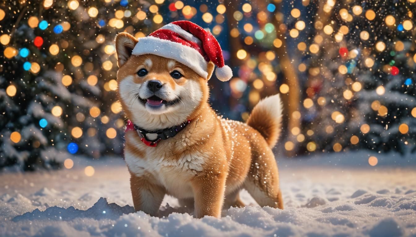 Hyperrealistic Shiba Inu Puppy in Santa Hat, Sparkling Snow,...