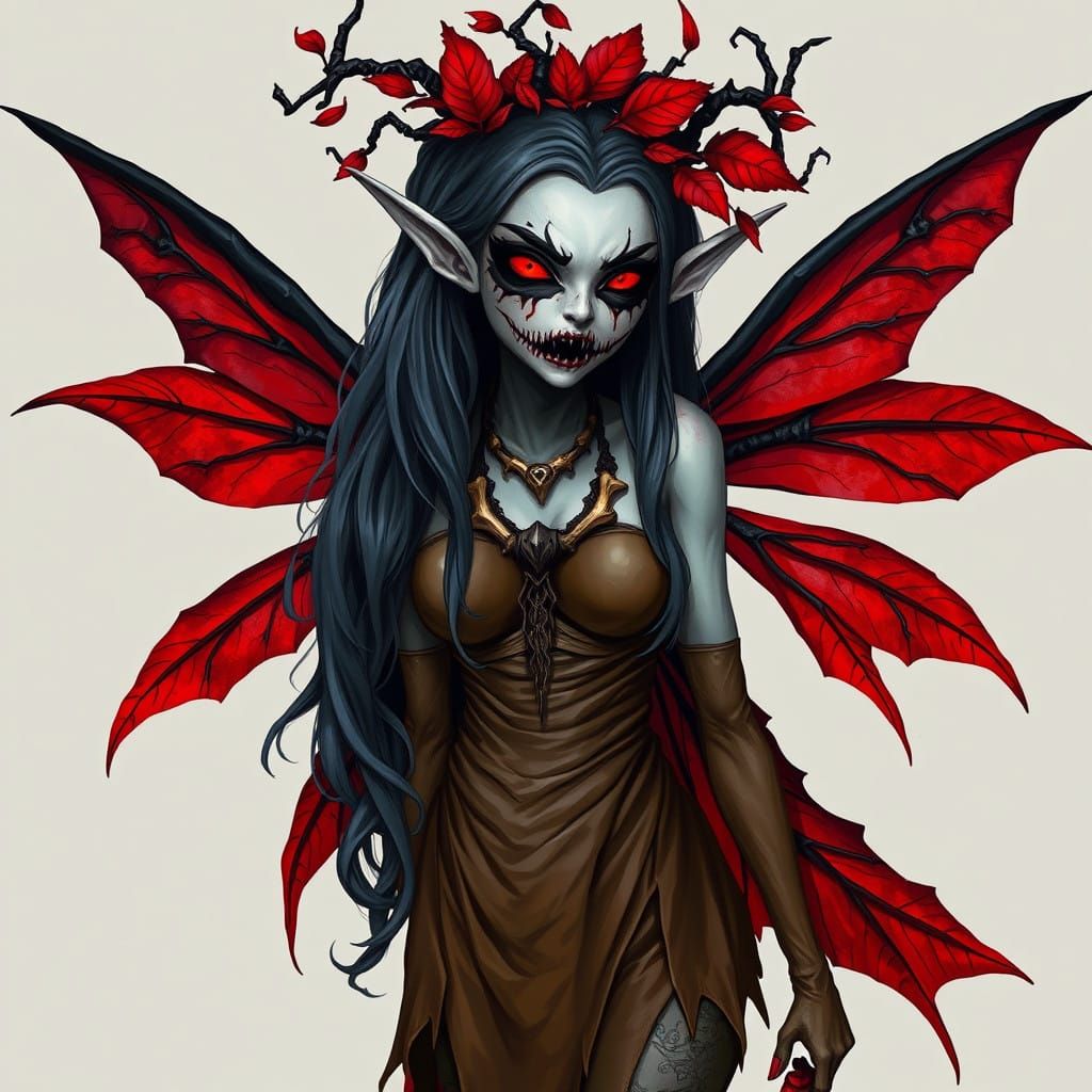 Ethereal Dark Fairy with Twisted Black Adornments and Red Wi...