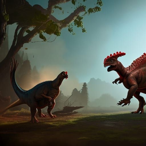 Dinosaur and Chicken Battle: Detailed Matte Painting