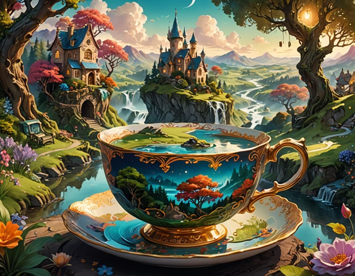 Miniature Fantasy World Inside Antique Teacup