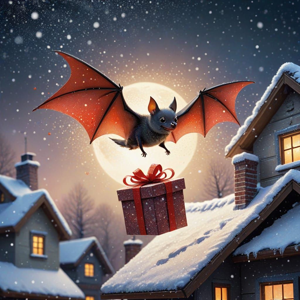 Whimsical Bat Delivers Christmas Present Over Snowy Roof