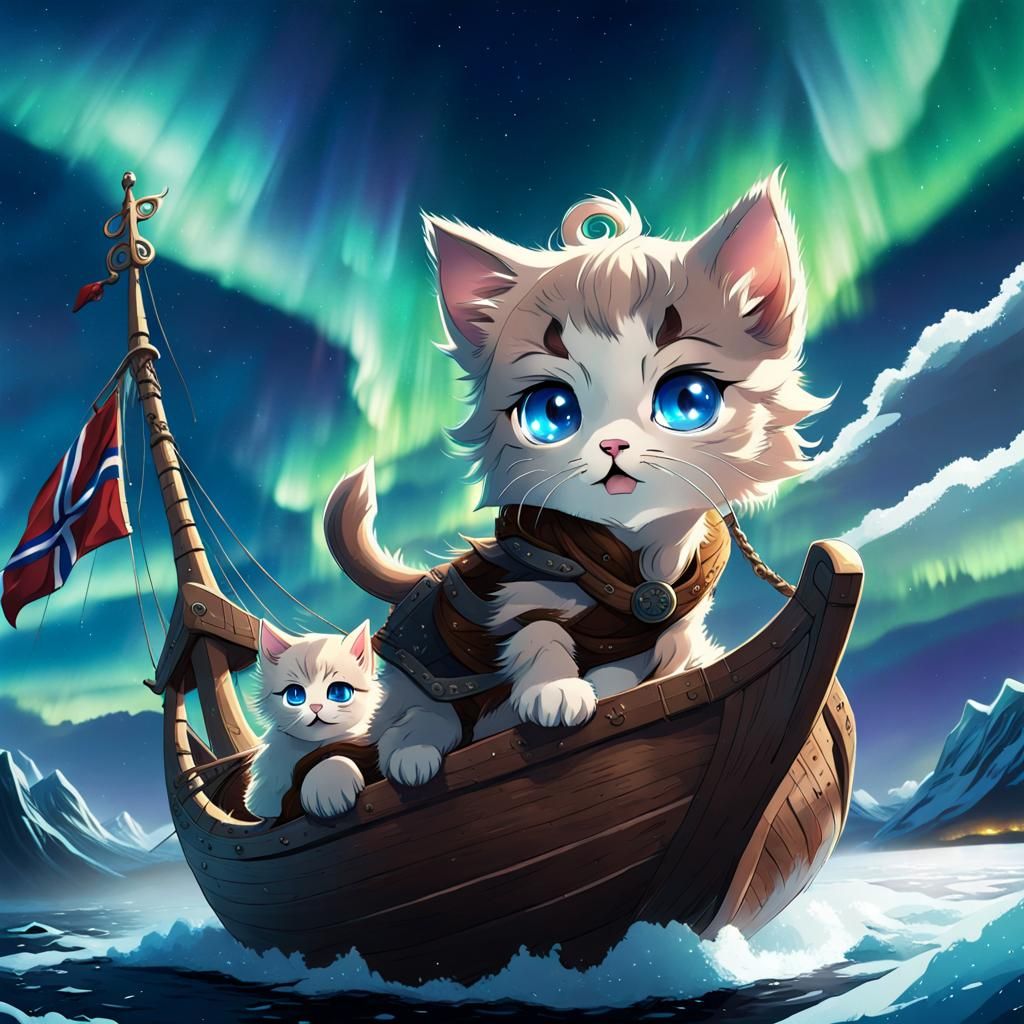 Kitten's Viking Voyage Under Northern Lights in Anime Style