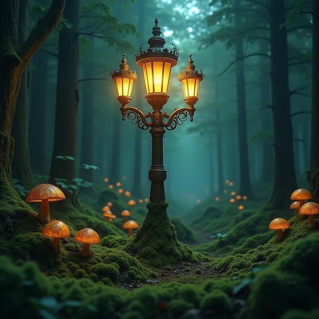 Mystical Forest Lamppost with Glowing Mushrooms