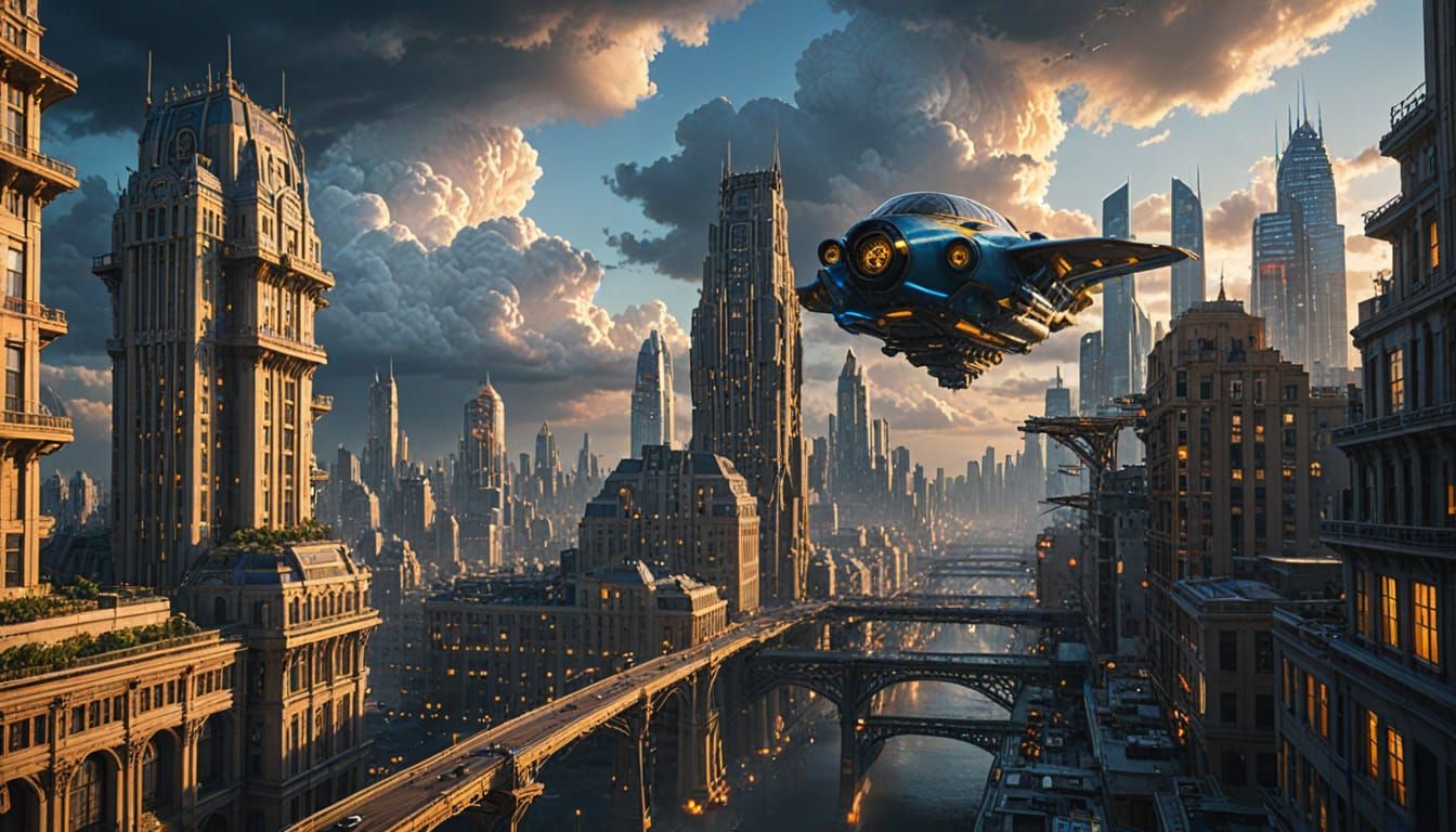 Futuristic Cityscape at Twilight with Magical Structures