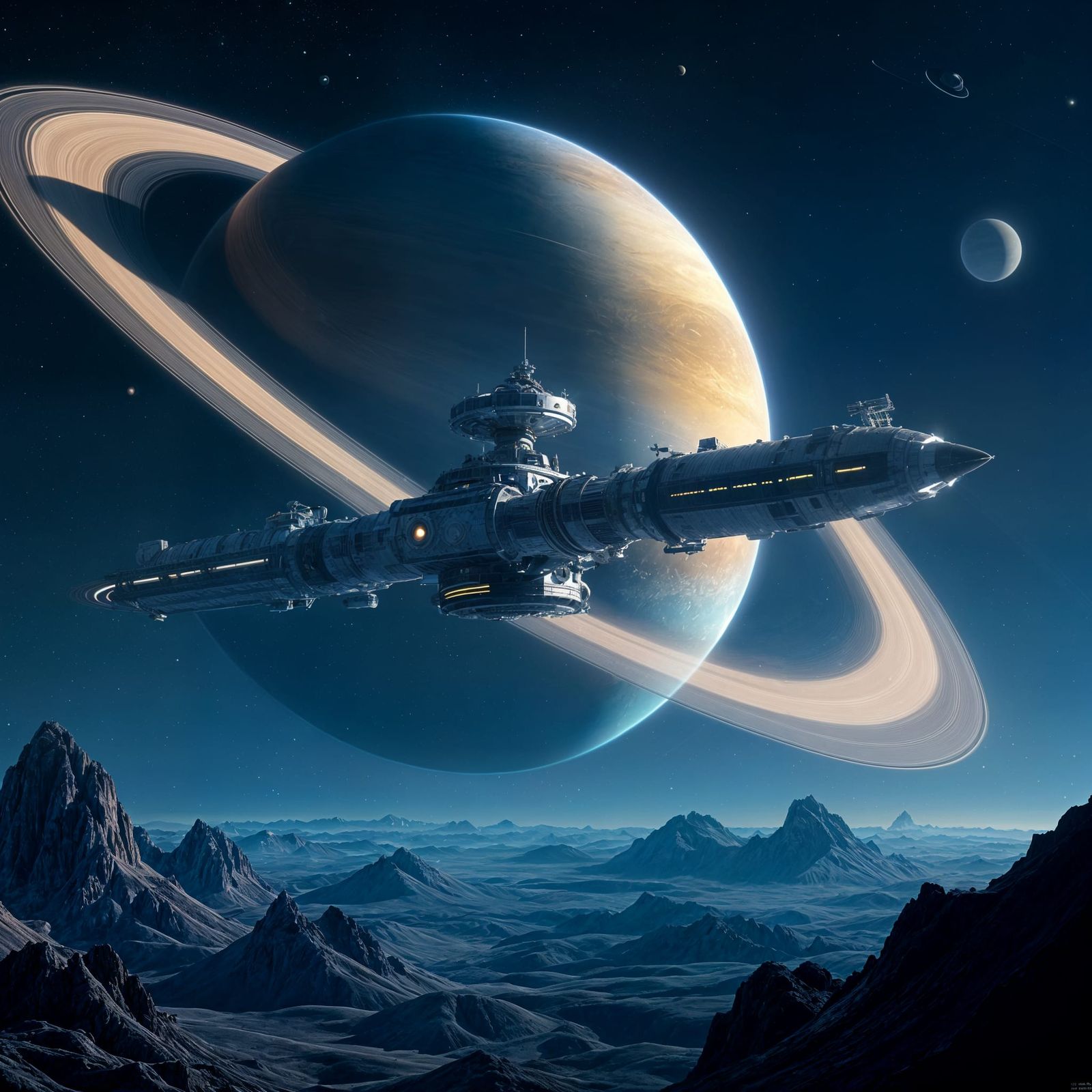 Sci-Fi Space Station Orbits Saturn, Rings Glow