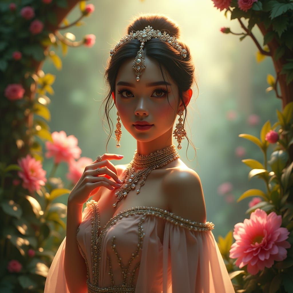 TikTok Influencer Adorned in Jewelry in Dreamlike Garden