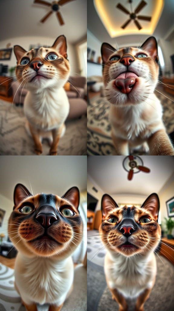 Inverted Siamese Cat Smiles Brightly in Hyperrealistic Livin...