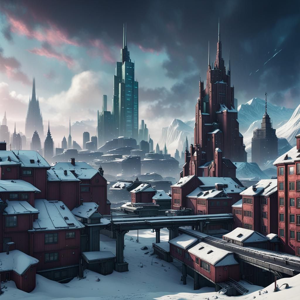 Cyberpunk Scandinavia Snow Skyline: Detailed Matte Painting