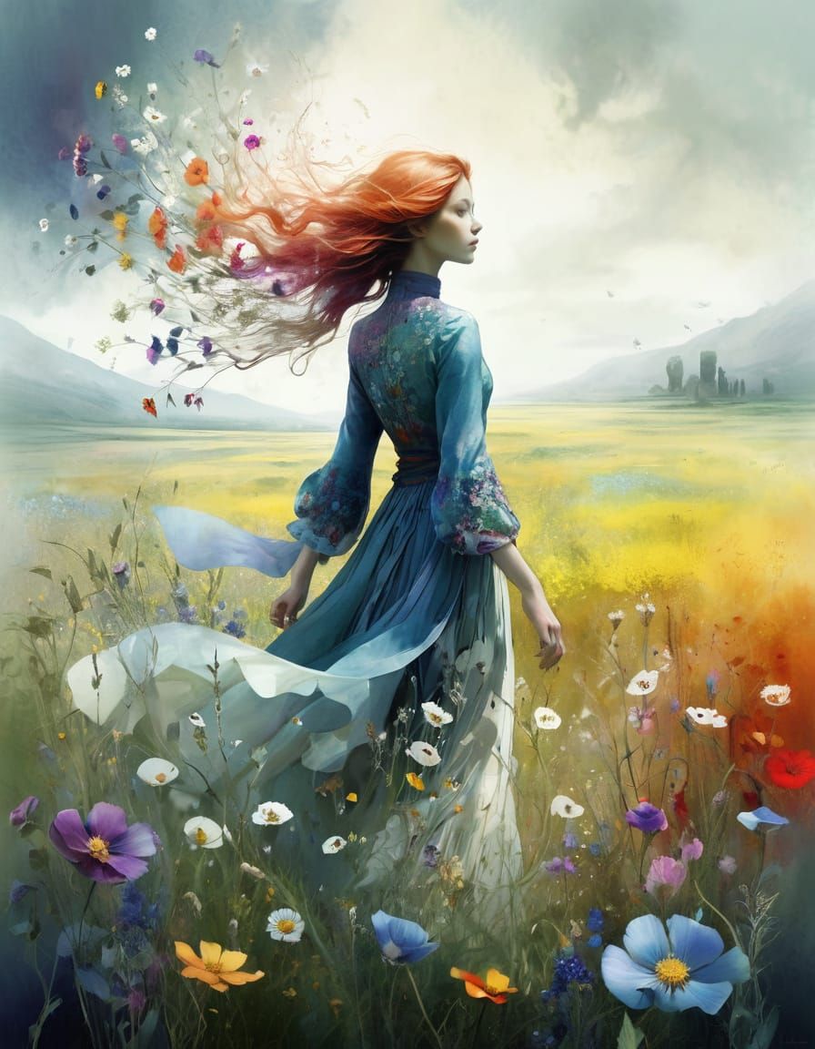 A Woman in a Whimsical Field of Wildflowers, Painted in Tria...
