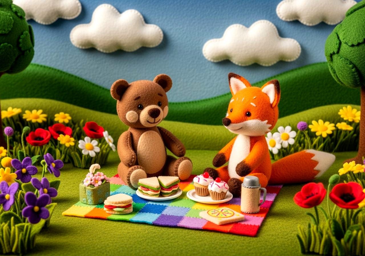 Whimsical Felt Woodland Animals Picnic Diorama