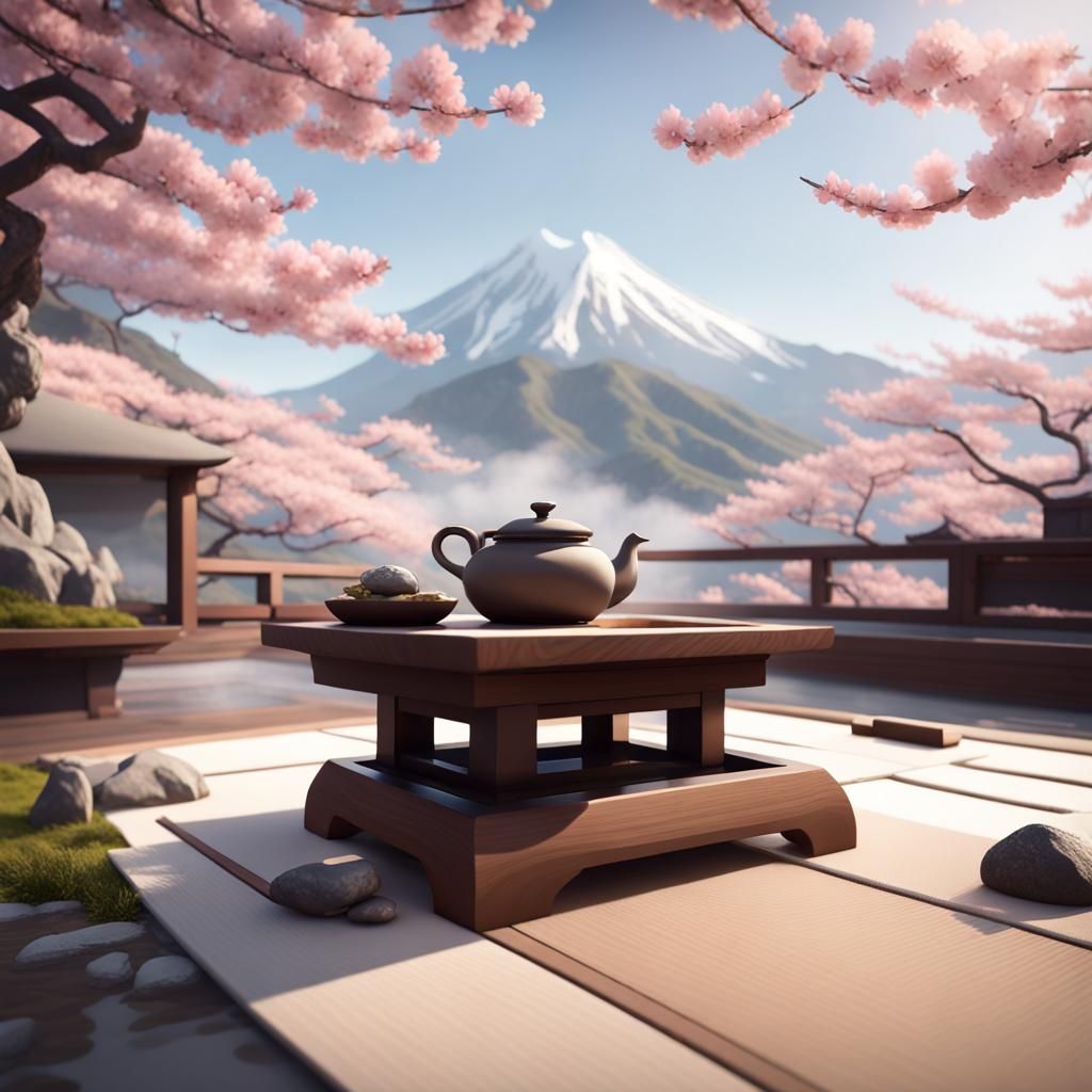 Japanese Zen Garden with Bonsai Tree, Hyperrealistic Art