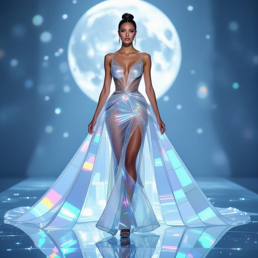 Woman in Shimmering Translucent Glass Ball Gown