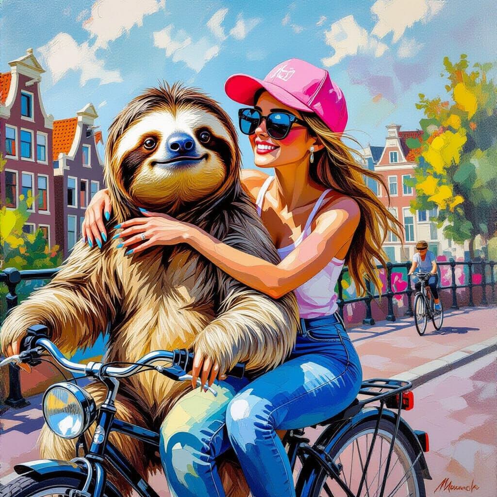 Couple Sloths Cycling on Bicycle on Stone Wall