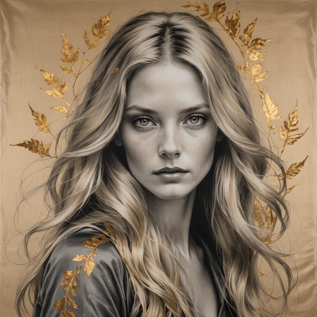 Charcoal Portrait with Gold Leaf on Silk