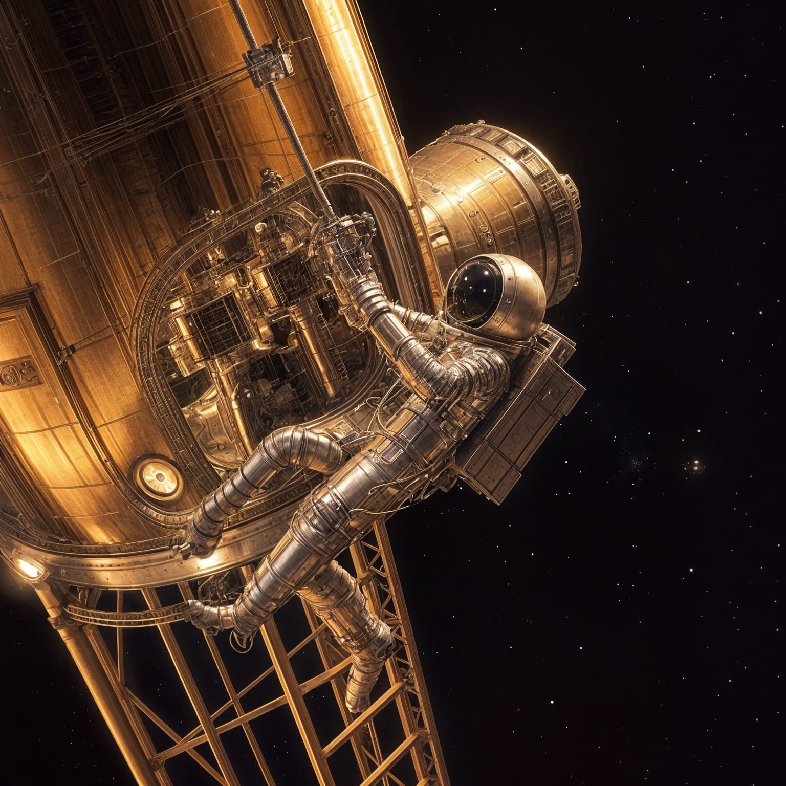 1950s Space Elevator Capsule Repair: Cinematic Digital Art