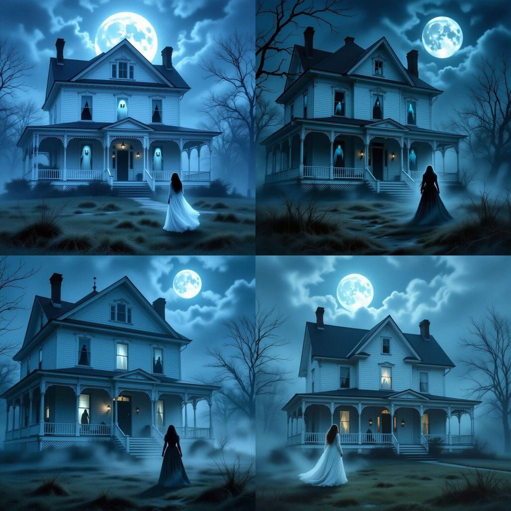Haunted Victorian Home with Ghostly Figures