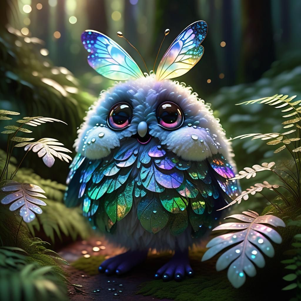 Dreamlike Creature with Butterfly Wings in Forest, Soft Focu...