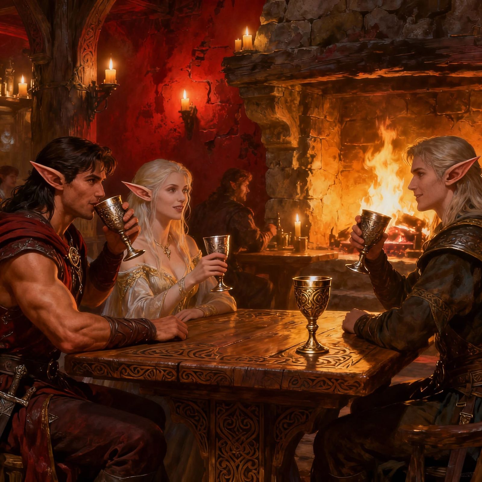 Elven Tavern Scene in Hyperrealistic Fantasy Art Style