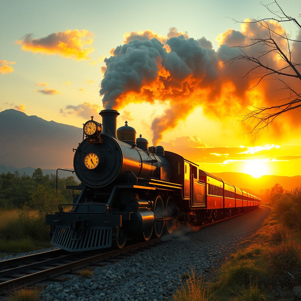 Magic Steampunk Train in Golden Hour Glow