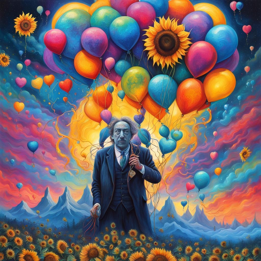 Electric Starry Heart Balloons in Surrealist Style