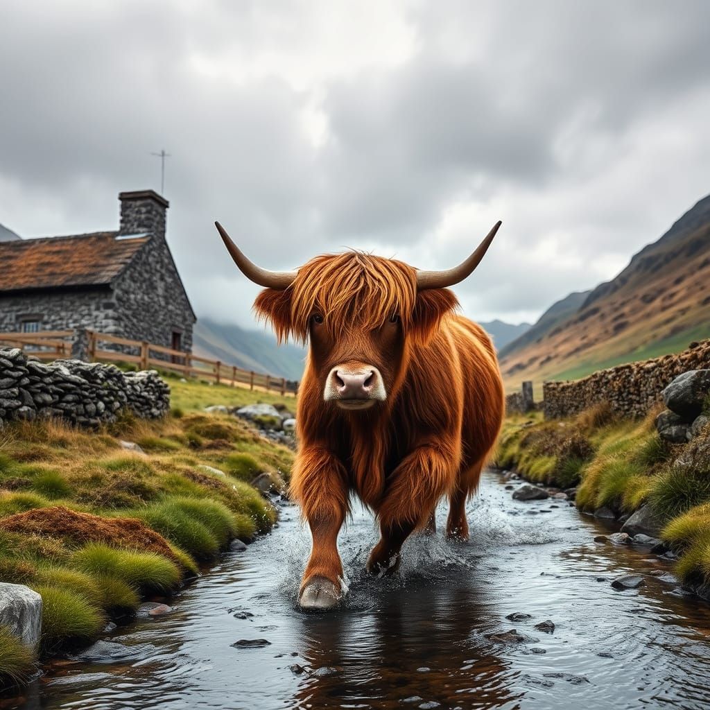 Highland Cow in Glencoe: A Rustic Landscape Painting