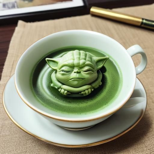 yoda sleeping inside a fancy matcha teacup