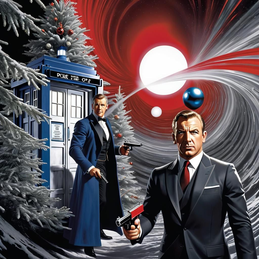 James Bond 007  holding a gun, being chased down Optical Ill...