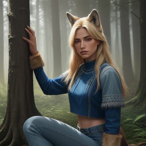 Wolf Girl Sewing in Forest: Hyperrealistic Concept Art