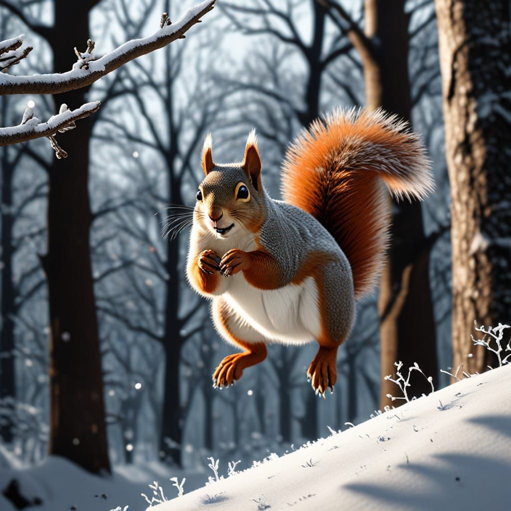Squirrel Leaps Through Snowy Forest: 3D Digital Art