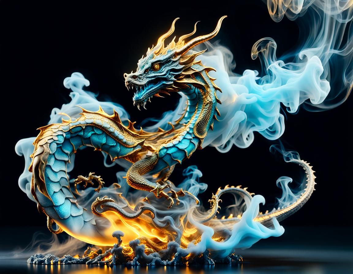 Golden Dragon in Smoky Steampunk Cloud, 8K