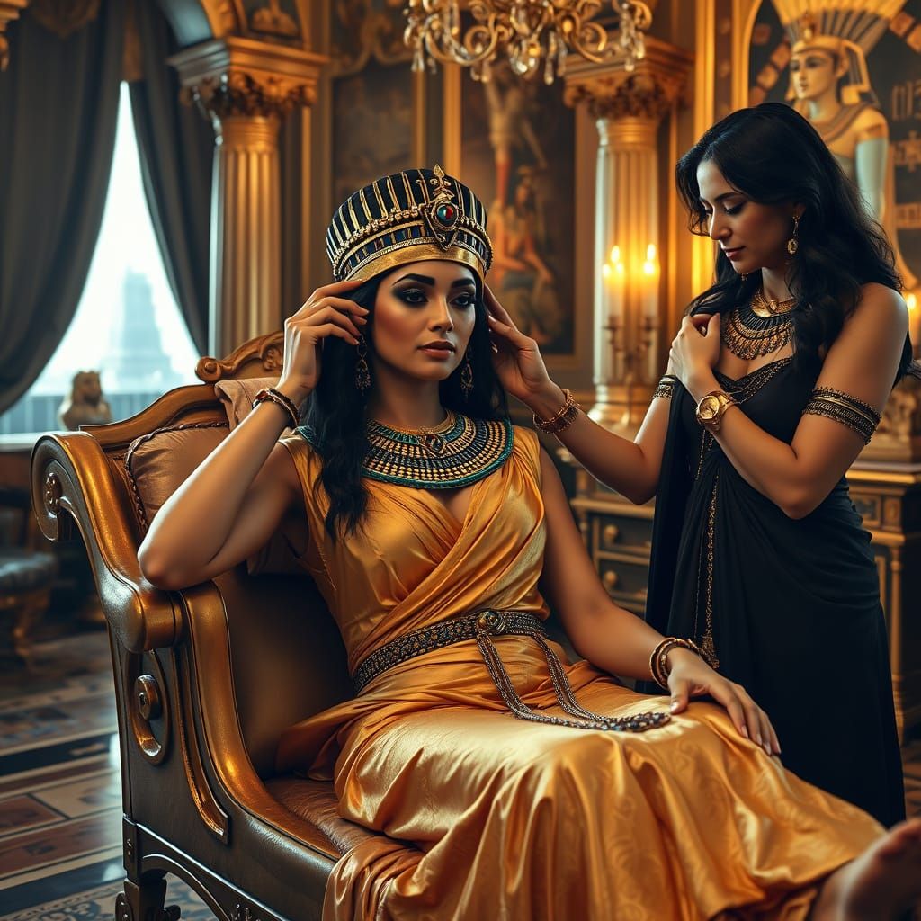 Opulent Egyptian Queen in Golden Chamber