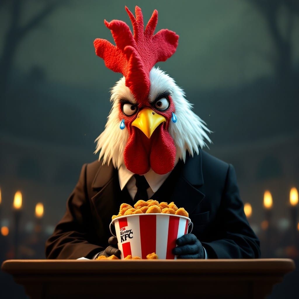 Rooster in Mourning Attire Looks Longingly at KFC Bucket