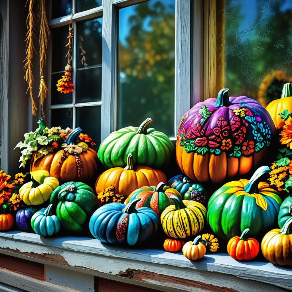Decorative Pumpkins on Window Sill in Kinkade Style
