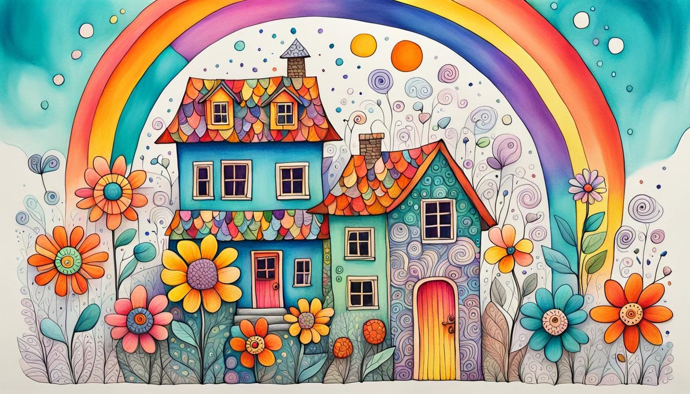 Whimsical Village House Drawing in Zentangle Style