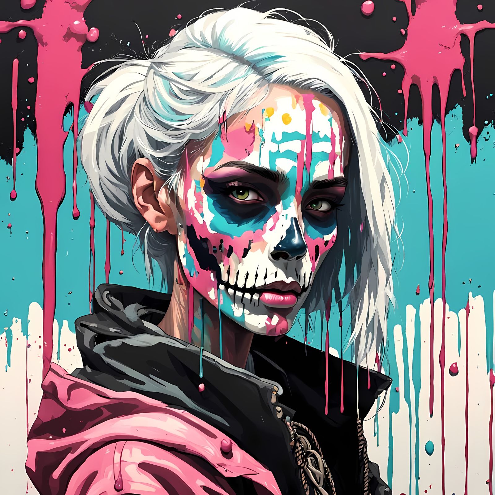 Vibrant Lowbrow Portrait of a Girl with White Hair in a Neo-...