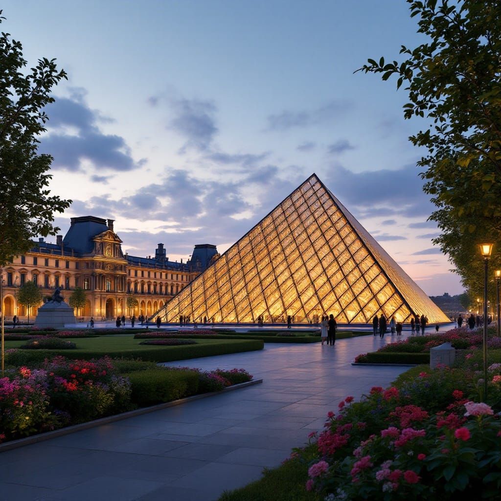 Louvre Pyramid at Dusk: Neoclassical Art Deco
