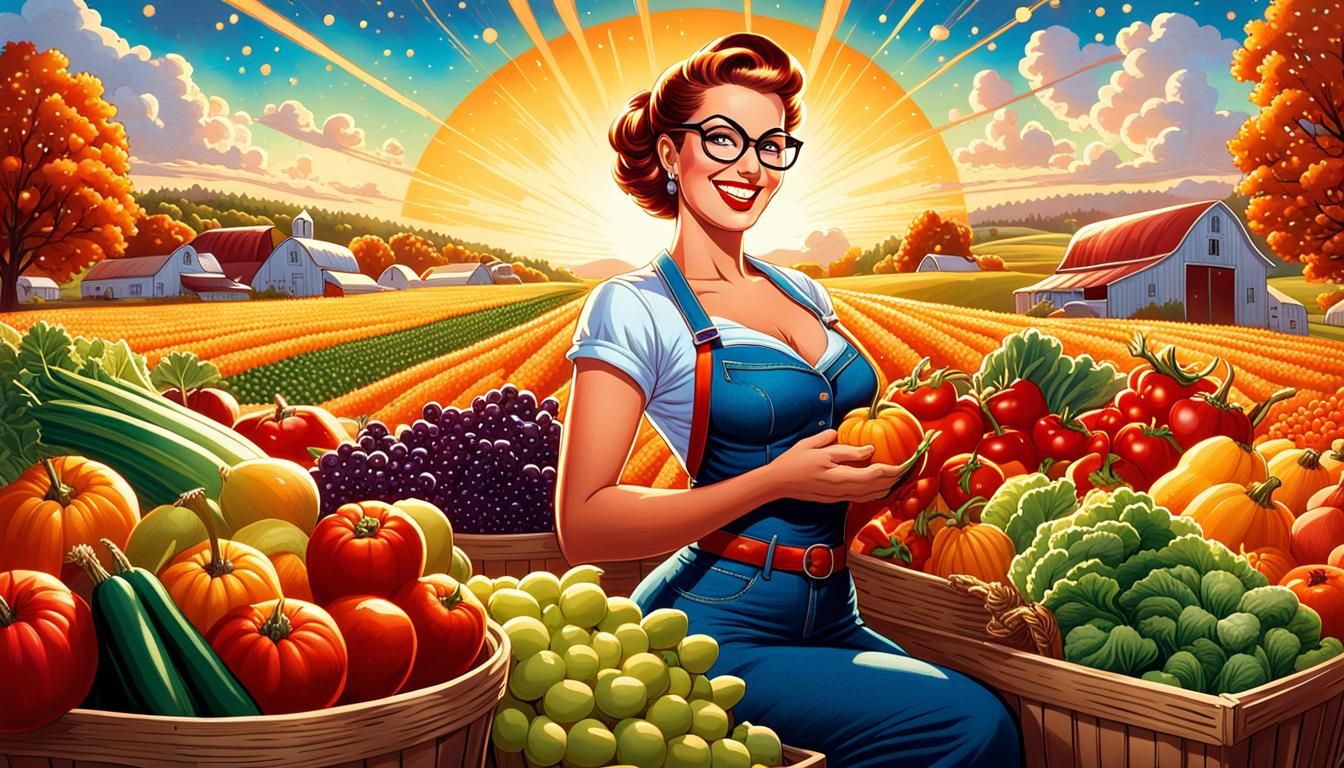 Smiling Pinup Woman at Fall Harvest Market