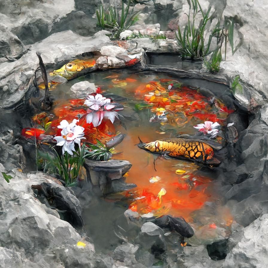 Lush Koi Pond in Flower Garden Concept Art