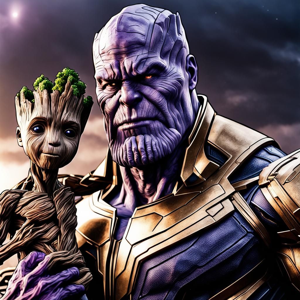 Hyperrealistic Thanos and Groot Mashup in HDR
